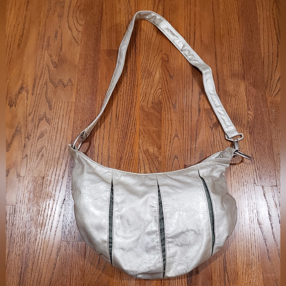 Vintage Dutchy Half Moon Metallic Leather Crossbody Bag in White Gold/Silver